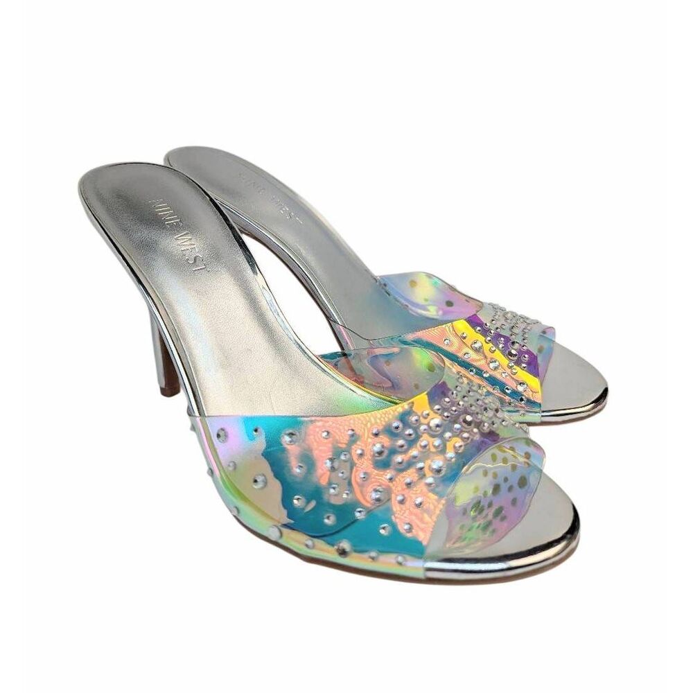 Nine West iridescent rhinestone silver open toe mule heels womens 8.5